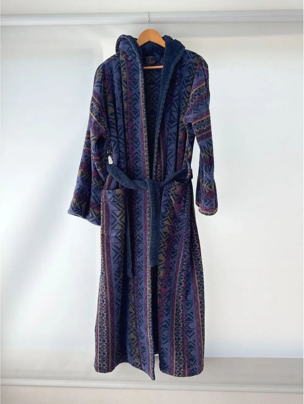 Vintage Bill Blass Mens Robe One Size Geometric Terry Cloth Cotton Belted